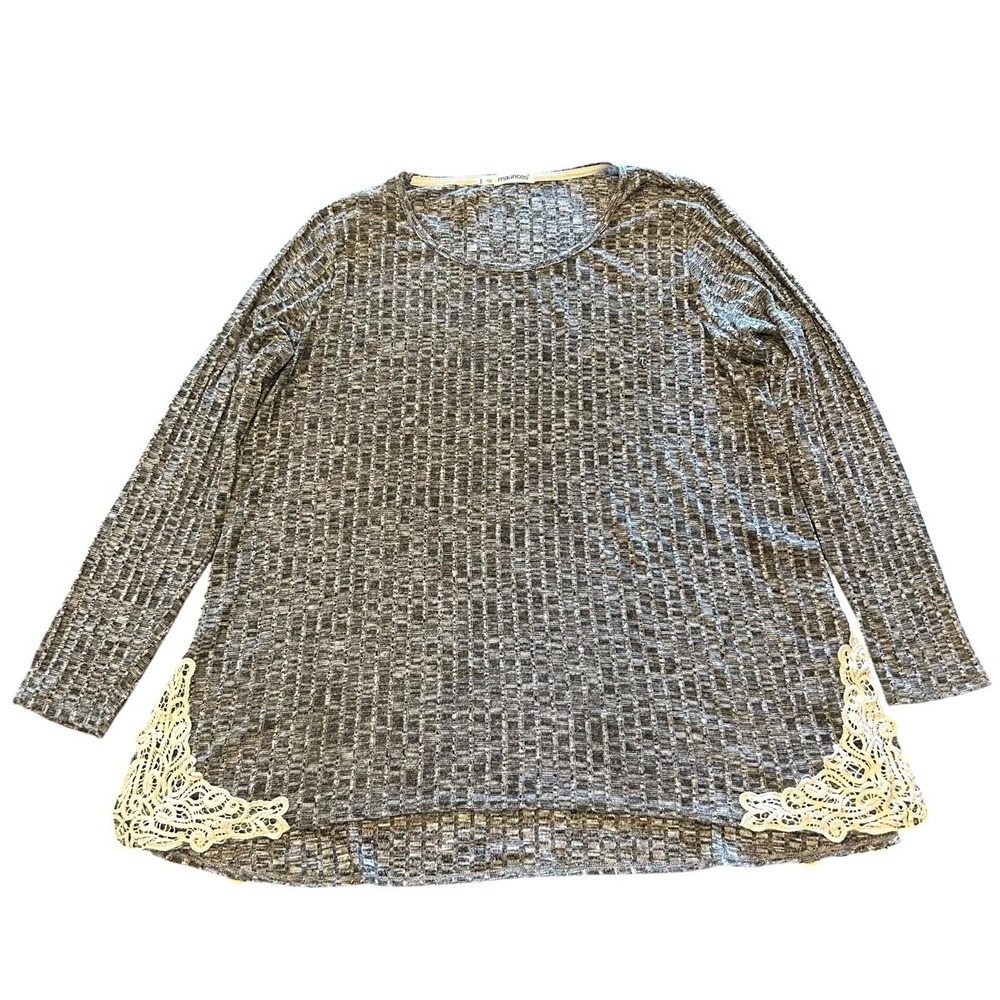 Maurices Gray Ribbed Knit Top Cream Crochet Lace Side Slits Womens Size 3 22/24W